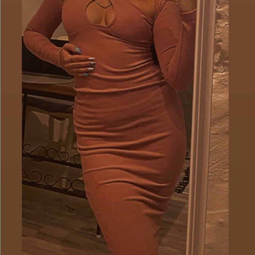 SHEIN Rust Long Sleeve Bodycon Dress with Front Cutout